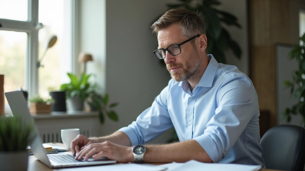 Man in formeel zakelijk overhemd aan het scherm werken met een gestructureerde werkomgeving
