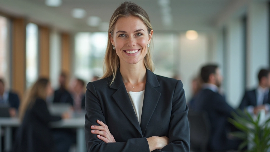Professionele vrouw die zelfverzekerd spreekt in een kantooromgeving met collega's op de achtergrond